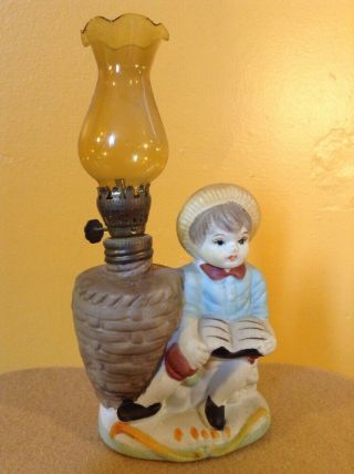 Vintage Mini Small Oil Lamp - English Boy Porcelain Brown Glass