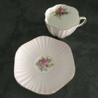 Eb Foley 1850 Pastel Pink Tea Cup & Saucer Set England Flowers Rose Ribbing 3627