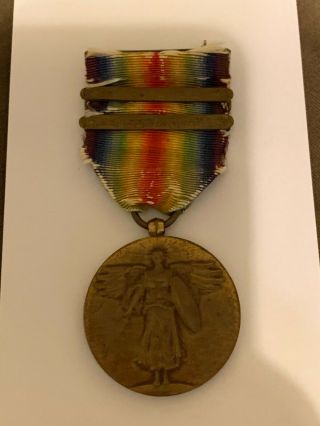 Ww1 U.  S.  Victory Medal W/ Ribbon & Meuse - Argonne And St.  Mihiel Clasps
