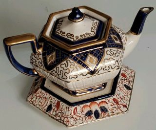 Antique Arthur Wood Hexagon Teapot & Pedestal England Gold Cobalt Blue Numbered