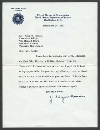1962 Fbi Director J.  Edgar Hoover Signed Letter On Official Letterhead,  Envelope