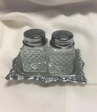 Vintage Mini Crystal Salt And Pepper Shaker Set With Silver Plated Tray