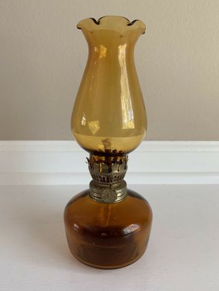 Vintage Small Amber Glass Oil Lamp 8”