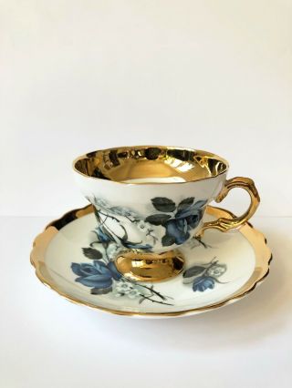 Rosina English Bone China Chintz Blue Rose Tea Cup And Saucer Gold Trimming