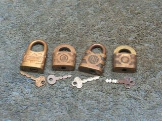 4 Different Old Brass Miniature Padlock Lock All With A Key.  Sargent,  Yale.  N/r
