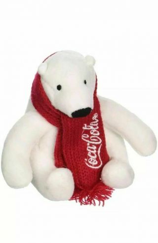 2018 Coca Cola Brand Polar Bear Plush Red Knit Scarf Coke Christmas Size 4 