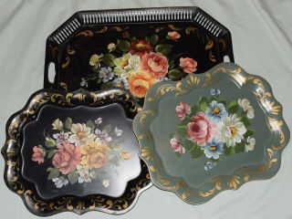 3 - Art Gift Hand Painted Tole Toleware Tin Tray 18x24 15x19 Matching Black Green