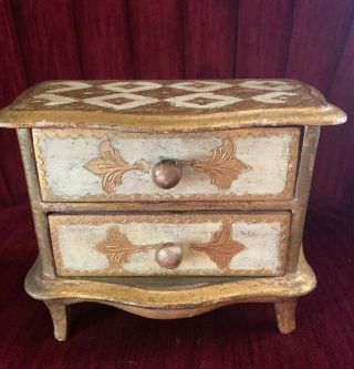 Italian Florentine 2 Drawer Wood Gold Gilt Footed Chest Jewelry Box Vintage Tole