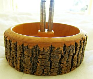 Vintage Ellwood Rusticware Nut Bowl Wood Tree Bark Cracker Pick Mid Century