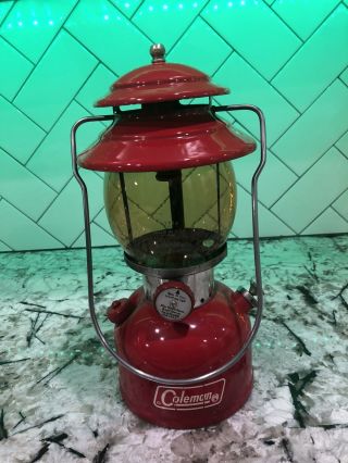 Vintage Coleman Red Single Mantle Lantern With Amber Globe Dated 11/70