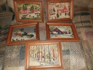 5 Vintage Grandma Moses Pictures On Barkcloth Fabric 6” X 8” In Maple Frames