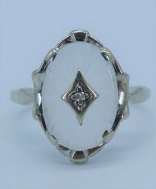 Vtg Antique Art Deco 10k White Gold Filigree Diamond Camphor Glass Ring Sz.  9.  25