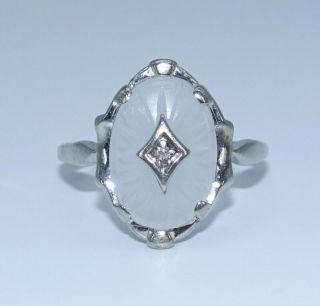 VTG ANTIQUE Art Deco 10K WHITE GOLD FILIGREE DIAMOND CAMPHOR GLASS RING sz.  9.  25 2