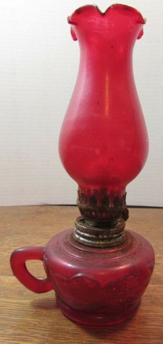 Vintage 7 1/2 " Tall Kerosene Oil Lamp W/red Shade Made In Hong Kong Friut
