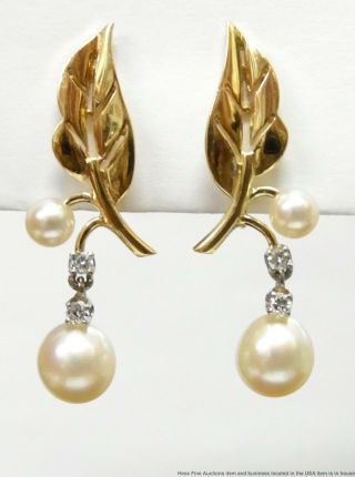 Fine Cultured Pearl Diamond 14k Gold Earrings Numbered Vintage Floral Dangles
