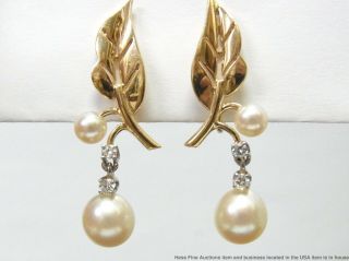 Fine Cultured Pearl Diamond 14k Gold Earrings Numbered Vintage Floral Dangles 2