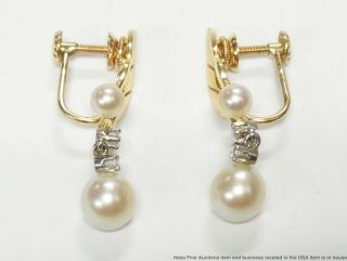 Fine Cultured Pearl Diamond 14k Gold Earrings Numbered Vintage Floral Dangles 3