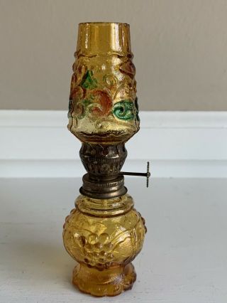 Vintage Miniature Amber Glass Oil Lamp Embossed W/fruit & Embossed Shade
