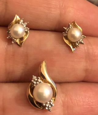 Vintage Antique 9ct Yellow Gold Diamond Fresh Pearl Earrings Pendant Set