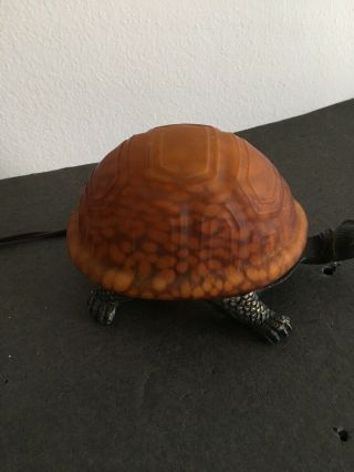 Turtle Night Light / Table Lamp With Glass Shade & Metal Base Brown