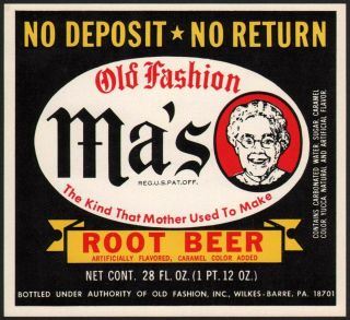 Vintage Soda Pop Bottle Label Mas Old Fashion Root Beer Wilkes Barre Pa N -,