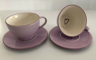 Set Of 2 Starbucks 2006 Purple Heart Tea Coffee Cup & Saucer 12oz Valentine