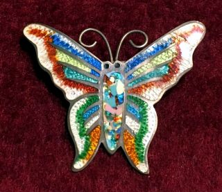 Vintage Signed Jf Mexico Sterling Silver Multi - Color Enamel Butterfly Pin Taxco