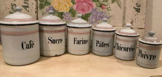 Classic White W/ Pink Bands Antique Vintage French Enamel 6 Piece Canister Set