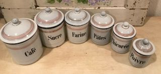 Classic White w/ Pink Bands Antique Vintage French Enamel 6 Piece Canister Set 2