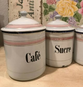Classic White w/ Pink Bands Antique Vintage French Enamel 6 Piece Canister Set 3