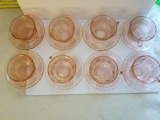 Vintage Pink Depression Glass Rose Pattern Tea Cups And Saucers Set Of 8