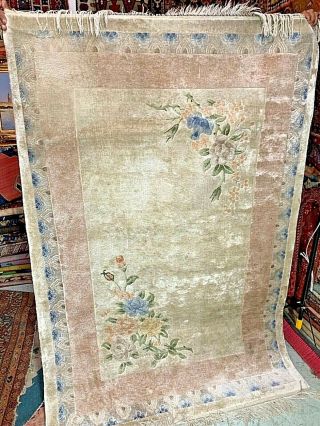 Auth: Vintage Silk Chinese Rug Art Deco Drawing Hand Made Silk 4x6 No Res