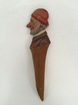 Antique Hand Carved Wood Hand Painted Old Man Letter Opener