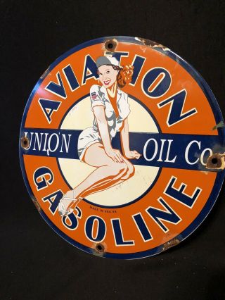 Vintage Aviation Pinup Gasoline Gas Station Porcelain Sign Marked “59”