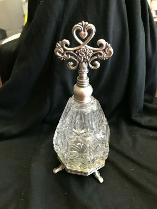 Vintage Glass Crystal Perfume Bottle With Metal Legs And Top 7 " Tall