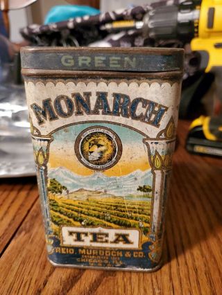 Vintage Antique Monarch Green Tea 8 Oz Tin,  Reid Murdoch & Co,  Chicago Il