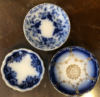 3 Antique Flow Blue W/ Floral Gold Accent Butter Pats 3” 3 1/8” & 3 1/2”