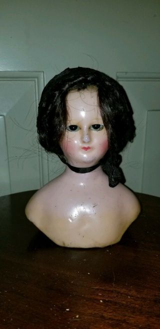 Antique Wax Shoulder Head Doll Head Papier - Mache Sleep Glass Eyes & Braided Hair