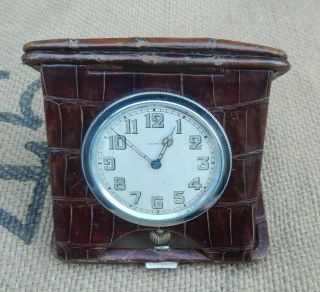 Antique Edwardian Swiss 8 Day Travel Clock In Real Crocodile Skin Leather Case
