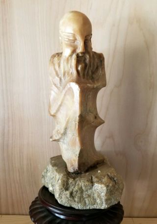 Vintage Chinese Carved Stone Wise Man Lamp Stand 10 Inches Tall
