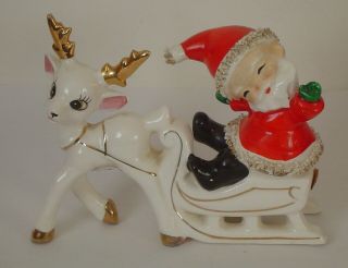 Vintage Christmas Santa In Sleigh With White Reindeer By Ucagco Japan