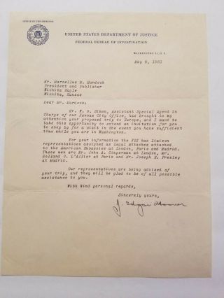 J.  Edgar Hoover - Fbi - Signed Letter To Publisher Marcellus Murdock 1951