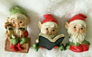 Vintage Homco 5406 Set 3 Christmas Elves 4 " Porcelain Figurines Santa 