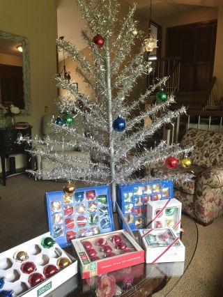 Vintage 5 Foot Aluminum Christmas Tree W/ 5 Boxes Shiny Brite & Other Ornaments