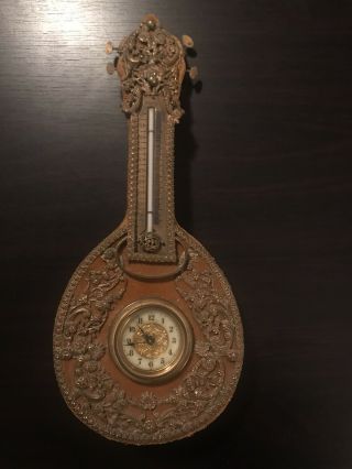 Antique British United Clock Co Mandolin Clock W/ Thermometer - Not