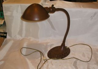Vintage Cast Iron Goose Neck Desk Lamp W/ Art Deco Base - Good Cord,