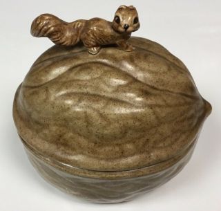 Vintage Ceramic Walnut Shape Nut Bowl / Candy Dish Covered W/ Squirrel Handle