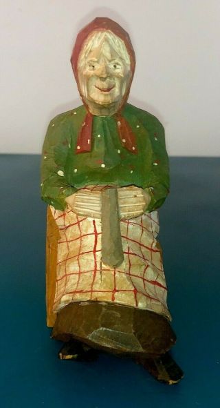 Wood Carving Old Woman In Rocking Chair 5 " H