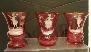 3 Antique Mary Gregory Glass Cranberry Glass Toothpick Holder 