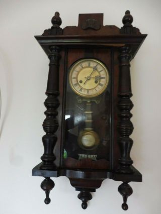 Antique Wooden Cased Finialed Wall Clock German Windup H.  A.  C Co Clock Movement